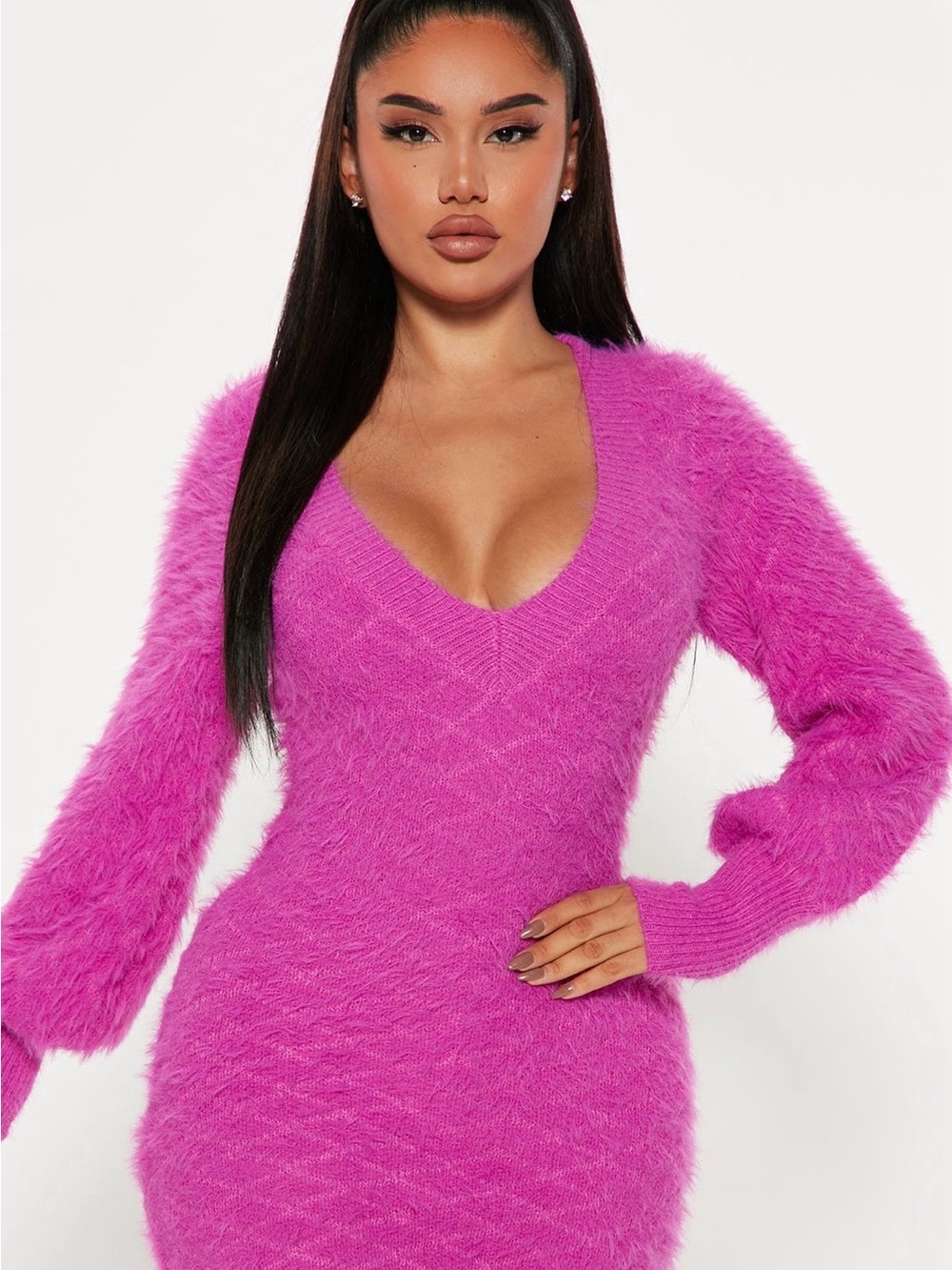 Fuzzy V-Neck Bodycon Dress in Hot Pink
